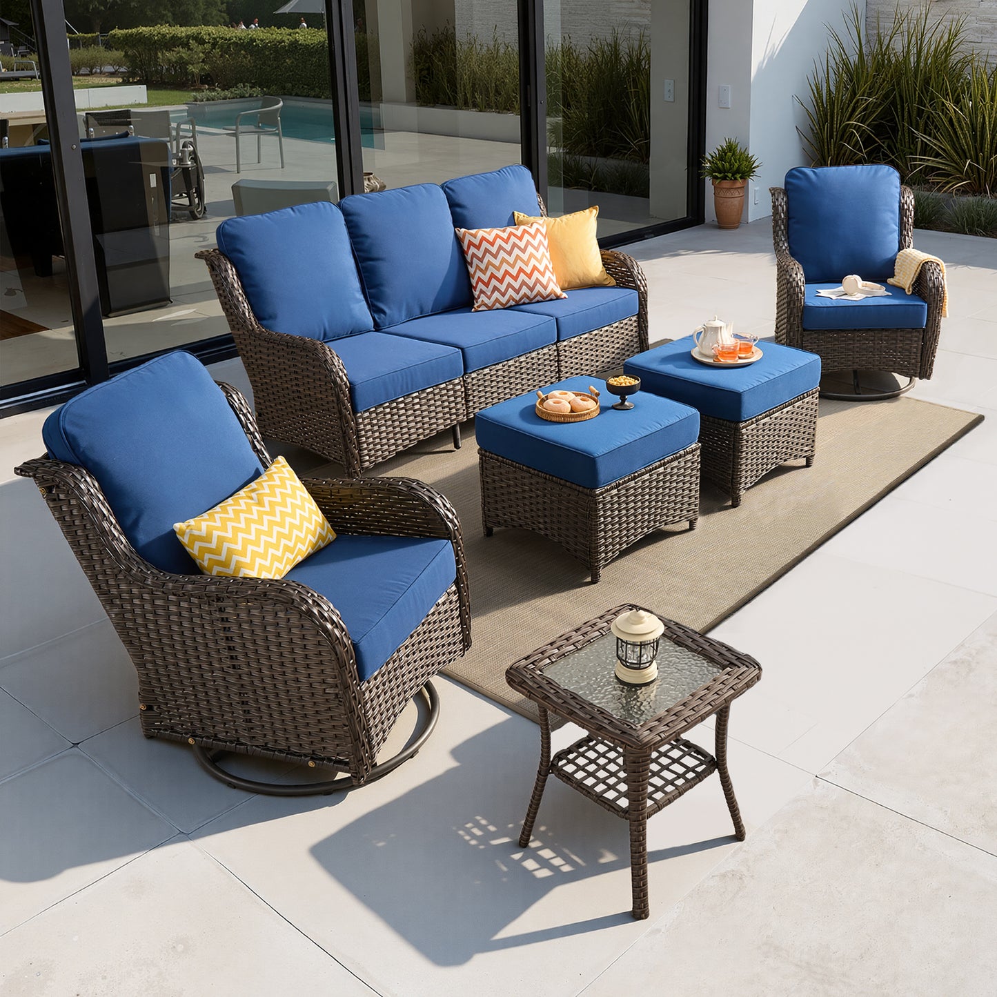 Vcatnet 6 Pieces Outdoor Patio Furniture Wicker High-Back Conversation Set with Swivel Rocking Chairs and Ottoman