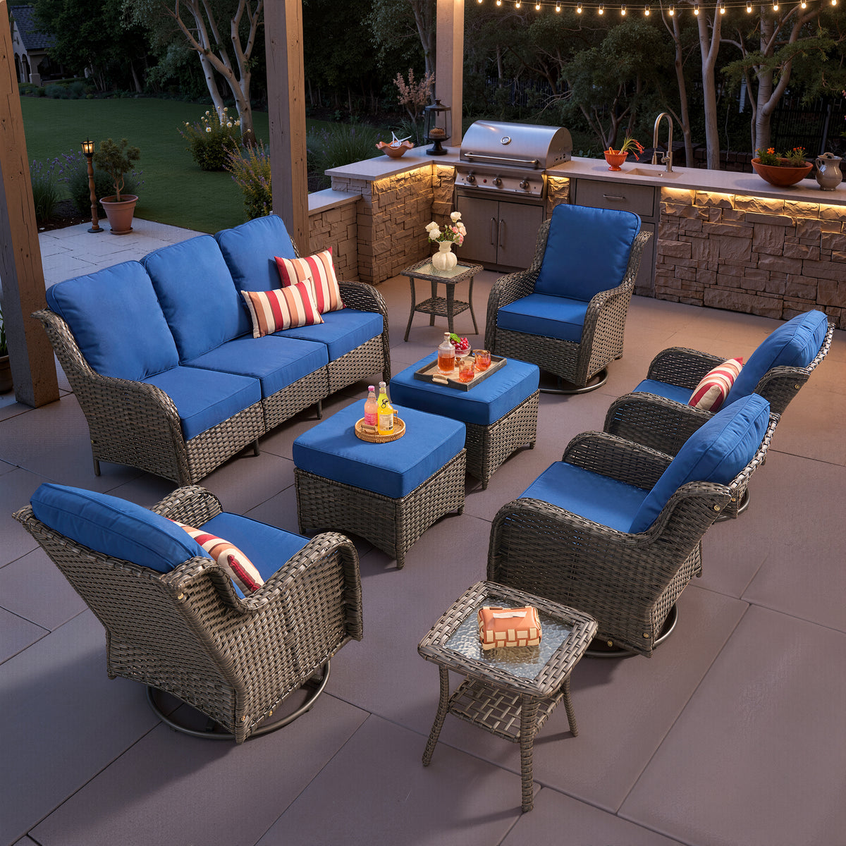 Vcatnet 5 Pieces Outdoor Patio Furniture with Fire Pit Wicker Sectional Sofa High-Back Conversation Set with Swivel Chairs