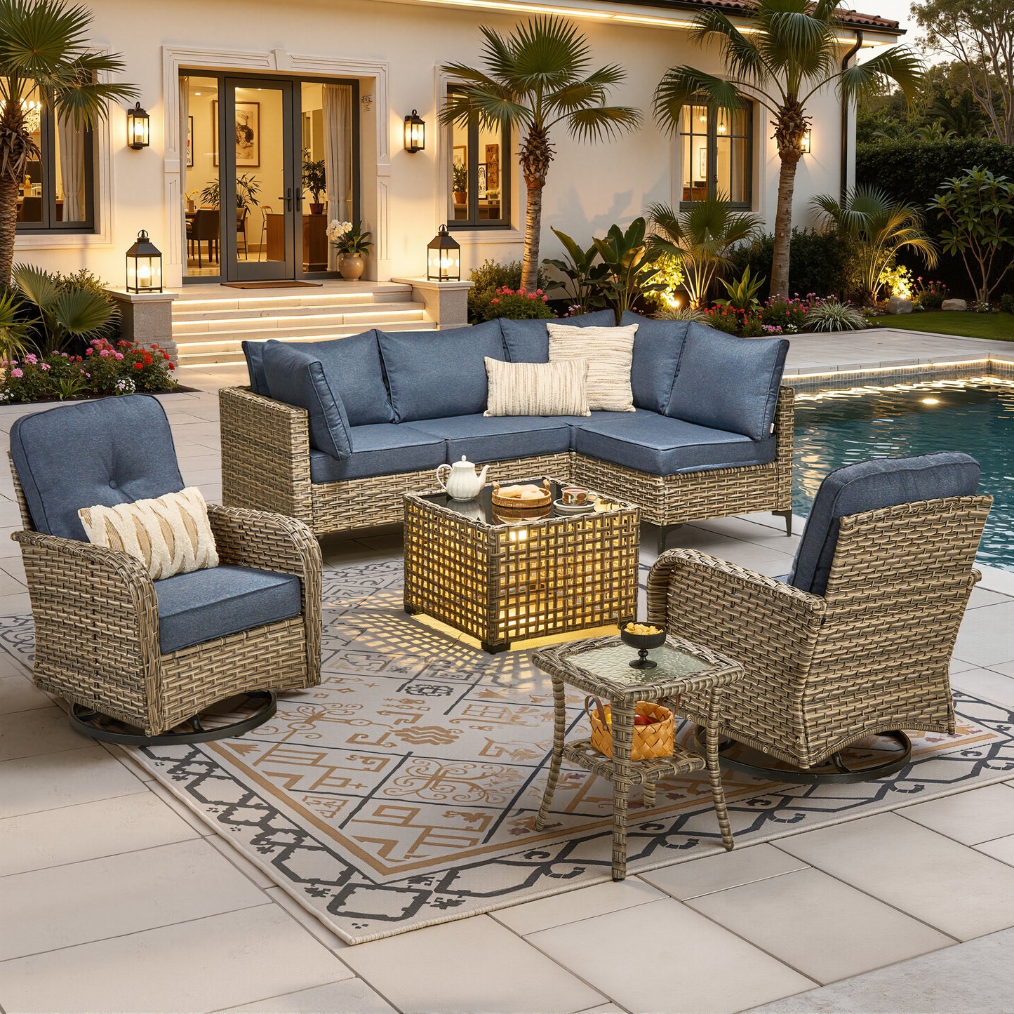 Vcatnet Outdoor Patio Furniture Sets 8 Pieces Sectional Sofa Wicker Conversation Set with Swivel Glider Chairs and Solar Powered Coffee Table for Porch,Backyard