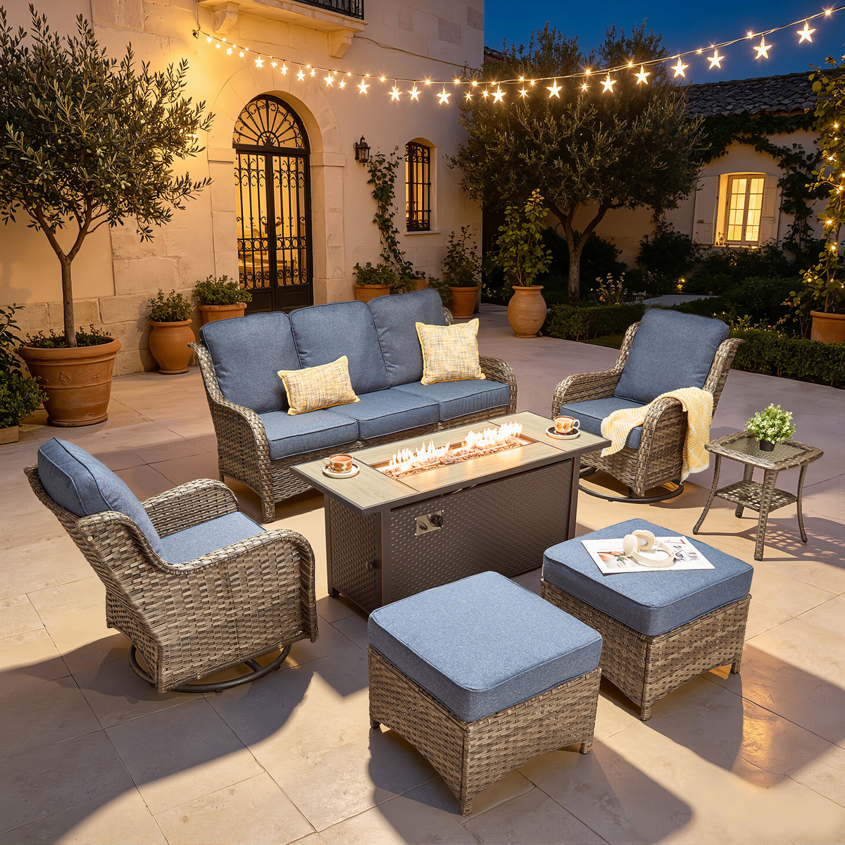 Vcatnet 6 Pieces Outdoor Patio Furniture Wicker High-Back Conversation Set with Swivel Rocking Chairs and Ottoman