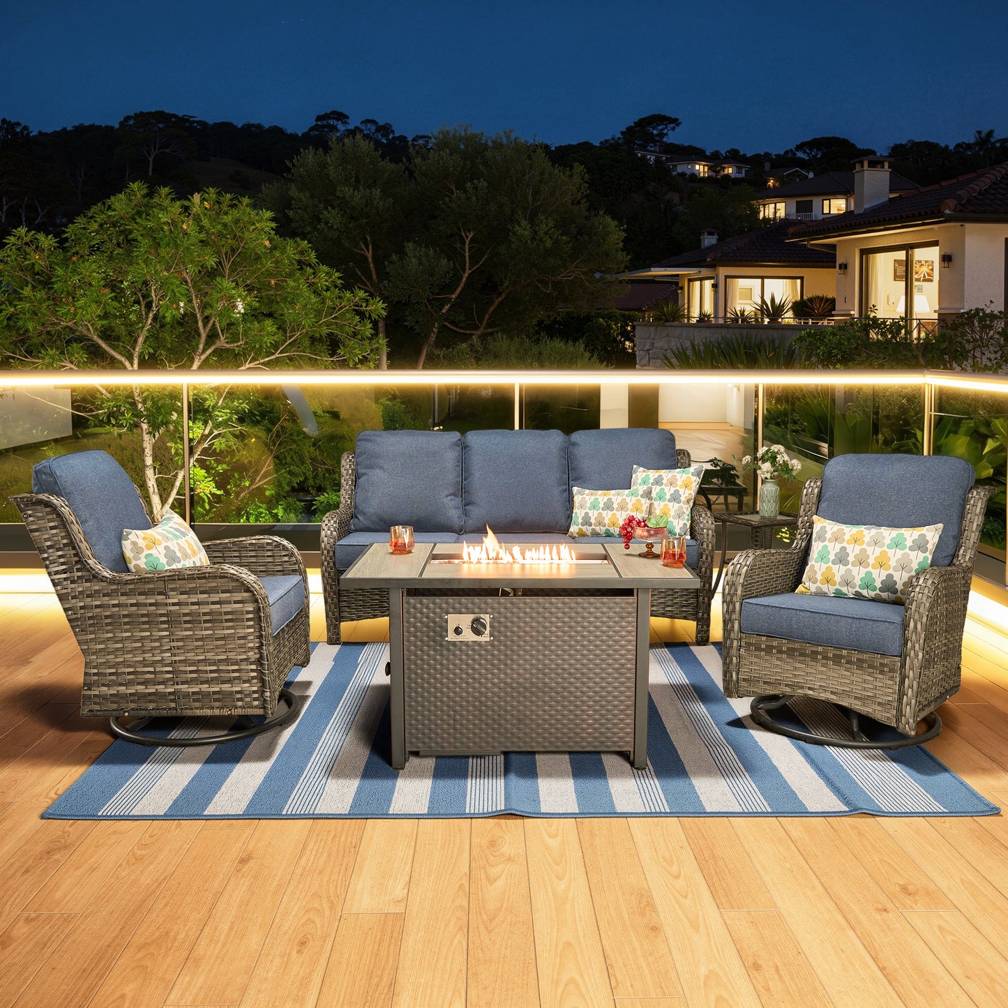 Vcatnet 6 Pieces Outdoor Patio Furniture Wicker High-Back Conversation Set with Swivel Rocking Chairs and Ottoman