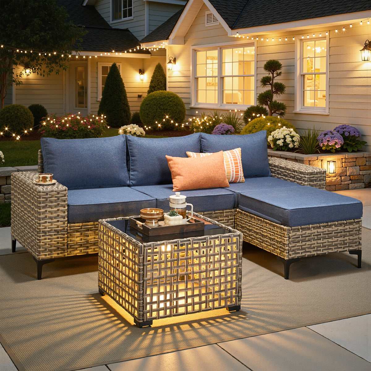Vcatnet Outdoor Patio Furniture 5 Pieces Wicker Conversation Set Sectional Sofa with Coffee Table and Ottoman