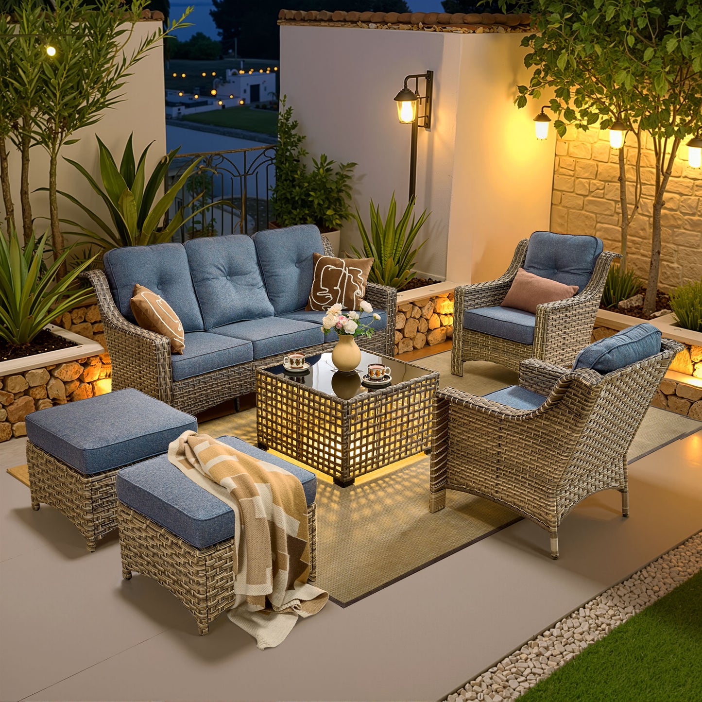 Vcatnet 4 Pieces Patio Outdoor Conversation Set High Back Wicker Rattan Furniture Outdoor Sectionals with Coffee Table