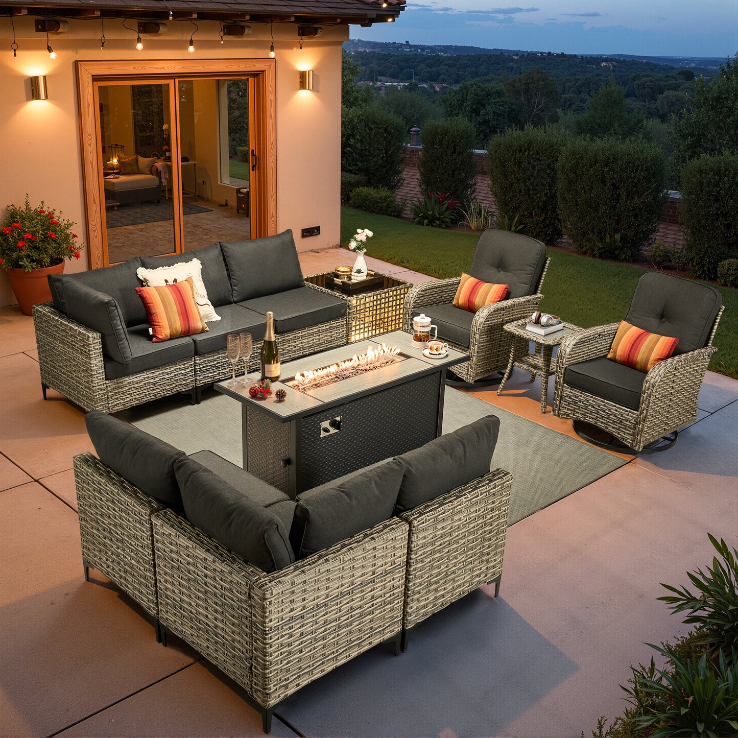 Vcatnet Outdoor Patio Furniture Sets 8 Pieces Sectional Sofa Wicker Conversation Set with Swivel Glider Chairs and Solar Powered Coffee Table for Porch,Backyard