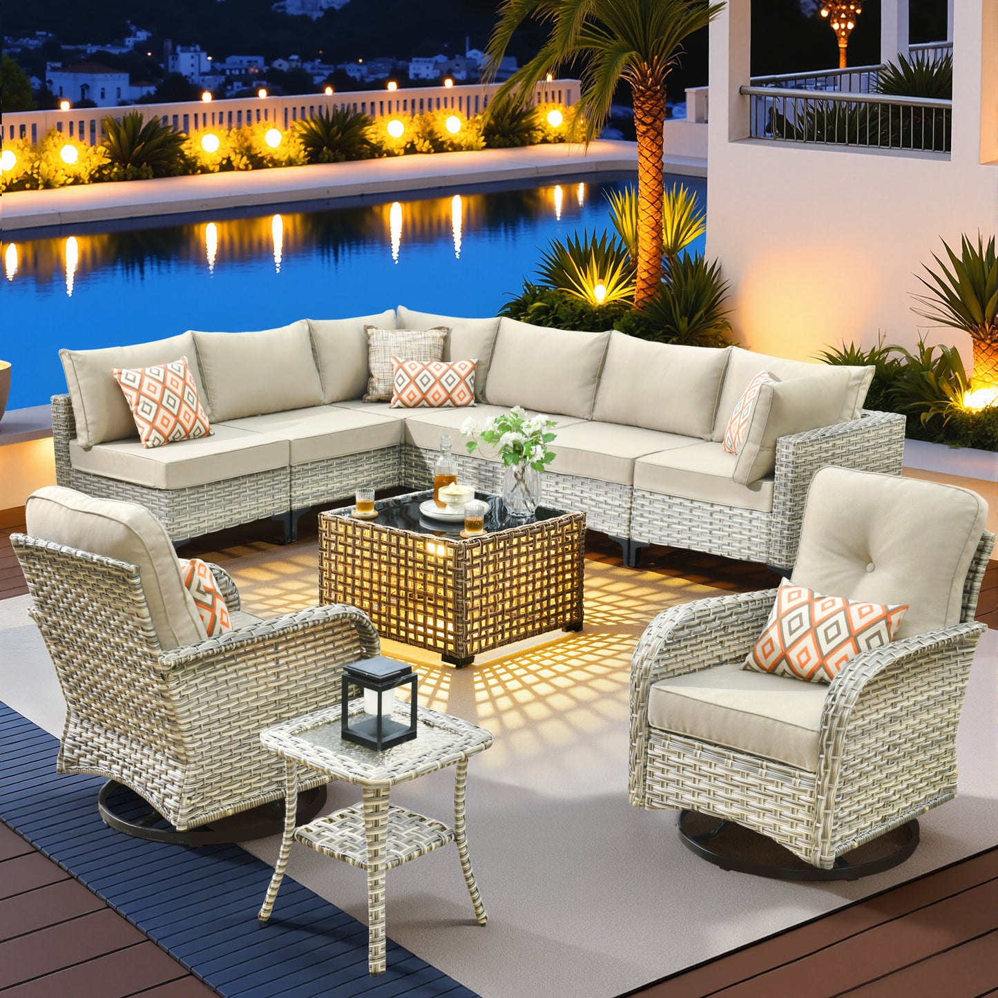 Vcatnet Outdoor Patio Furniture Sets 8 Pieces Sectional Sofa Wicker Conversation Set with Swivel Glider Chairs and Solar Powered Coffee Table for Porch,Backyard