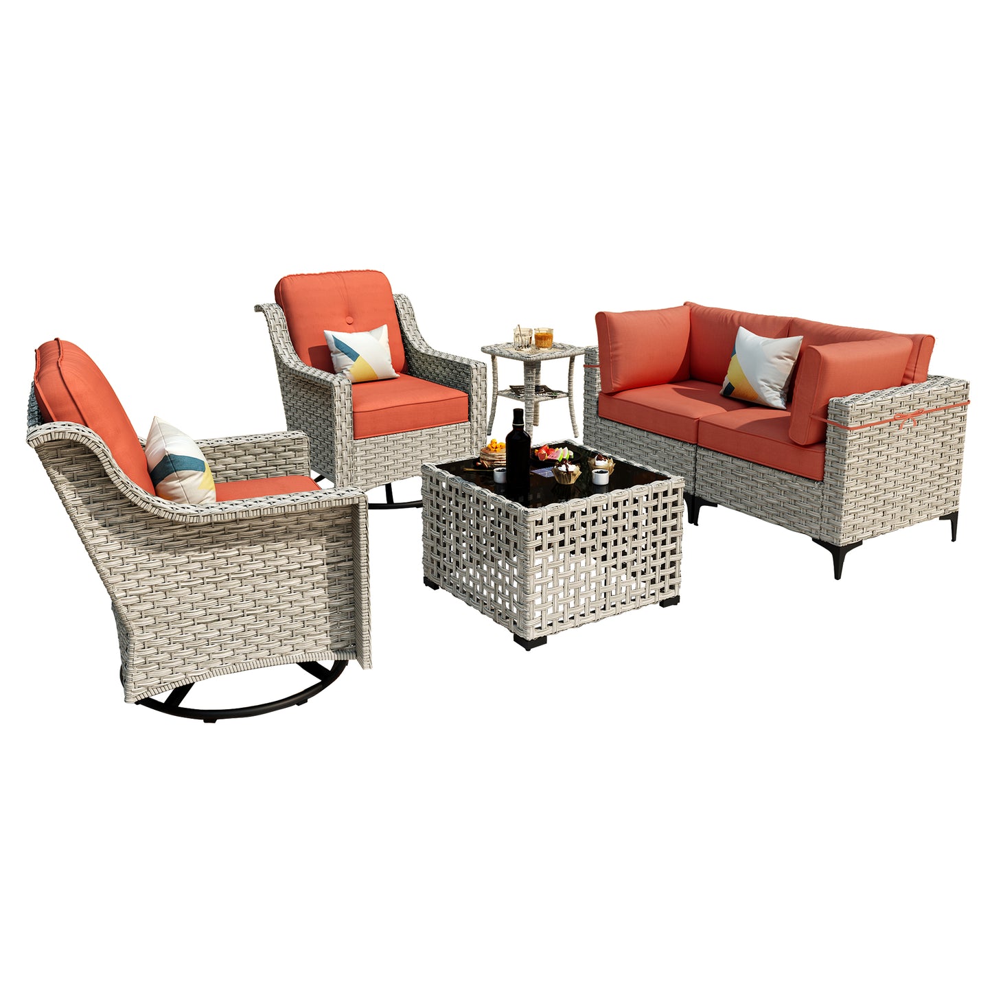 Vcatnet 6 Pieces Patio Outdoor Conversation Set PE Wicker Furniture Glider Chairs Sofa Set with Coffee Table,Coarse Orange Red