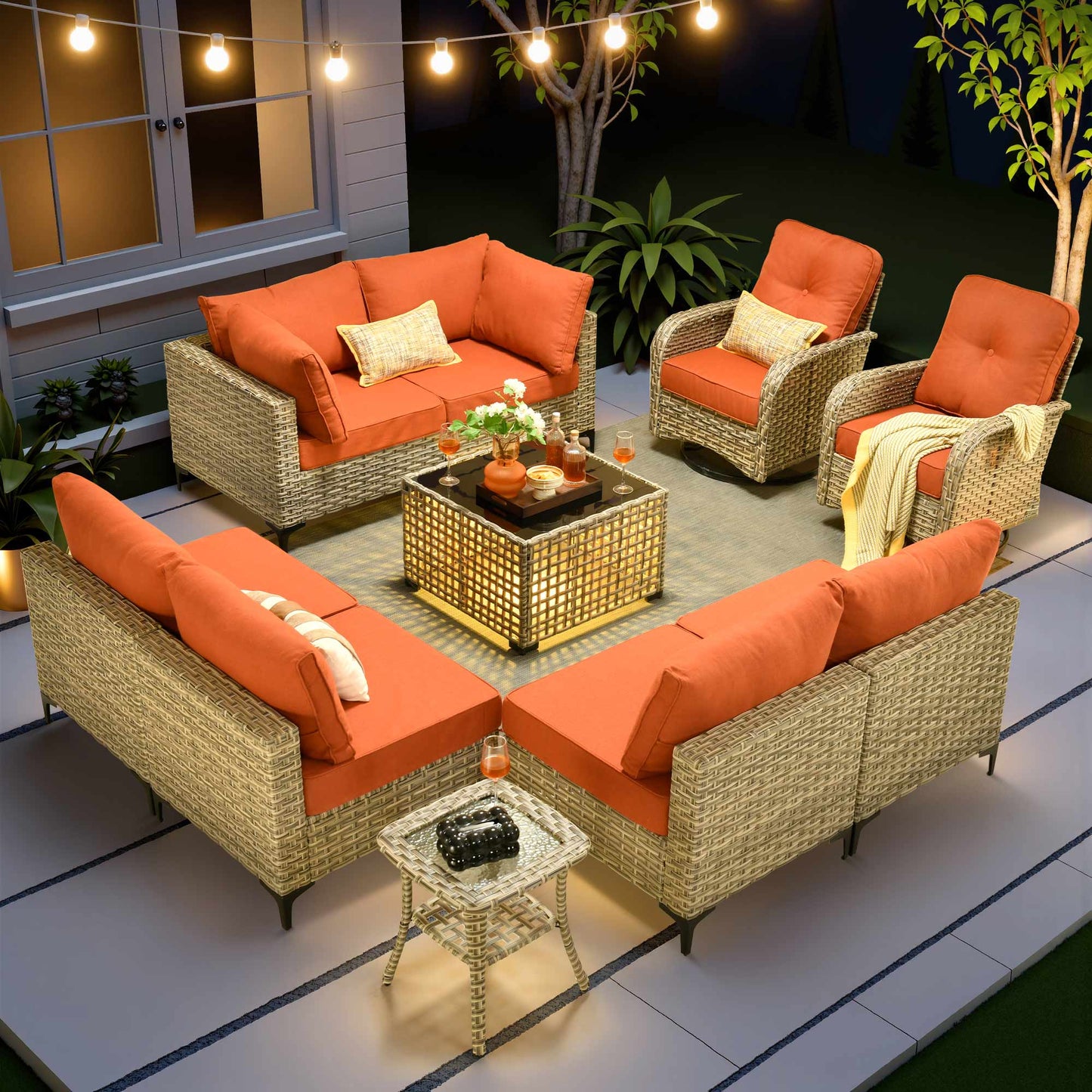 Vcatnet Outdoor Patio Furniture Sets 8 Pieces Sectional Sofa Wicker Conversation Set with Swivel Glider Chairs and Solar Powered Coffee Table for Porch,Backyard