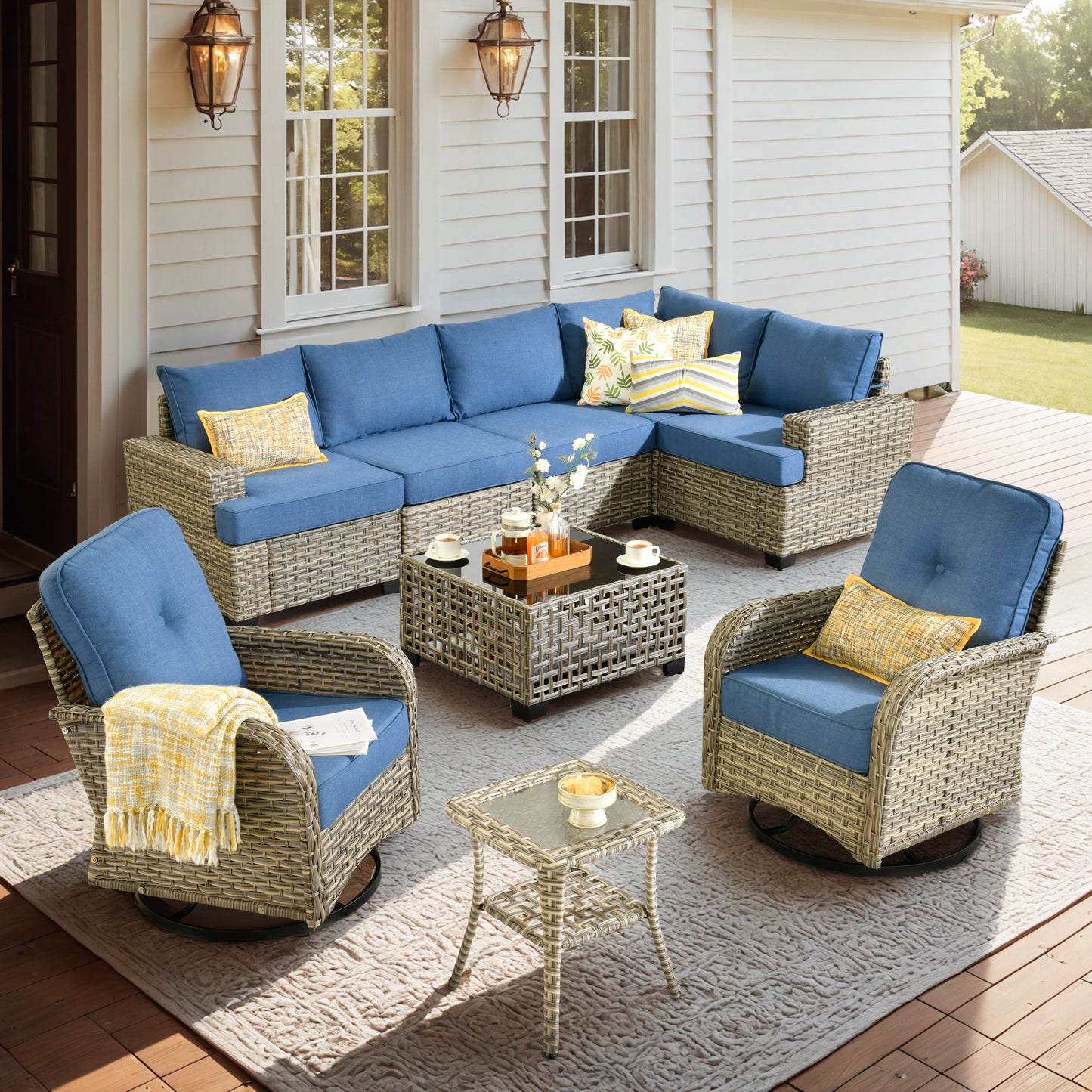 Vcatnet 7 Pieces Outdoor Patio Furniture Sectional Sofa Wicker Conversation Set with Ottomans