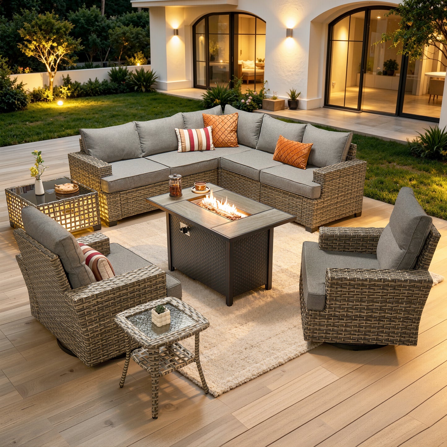 Vcatnet 9 Pieces Outdoor Patio Furniture with 54" Fire Pit Wicker Sectional Sofa All-Weather Outdoor Conversation Set with Swivel Glider Chairs and Ottoman