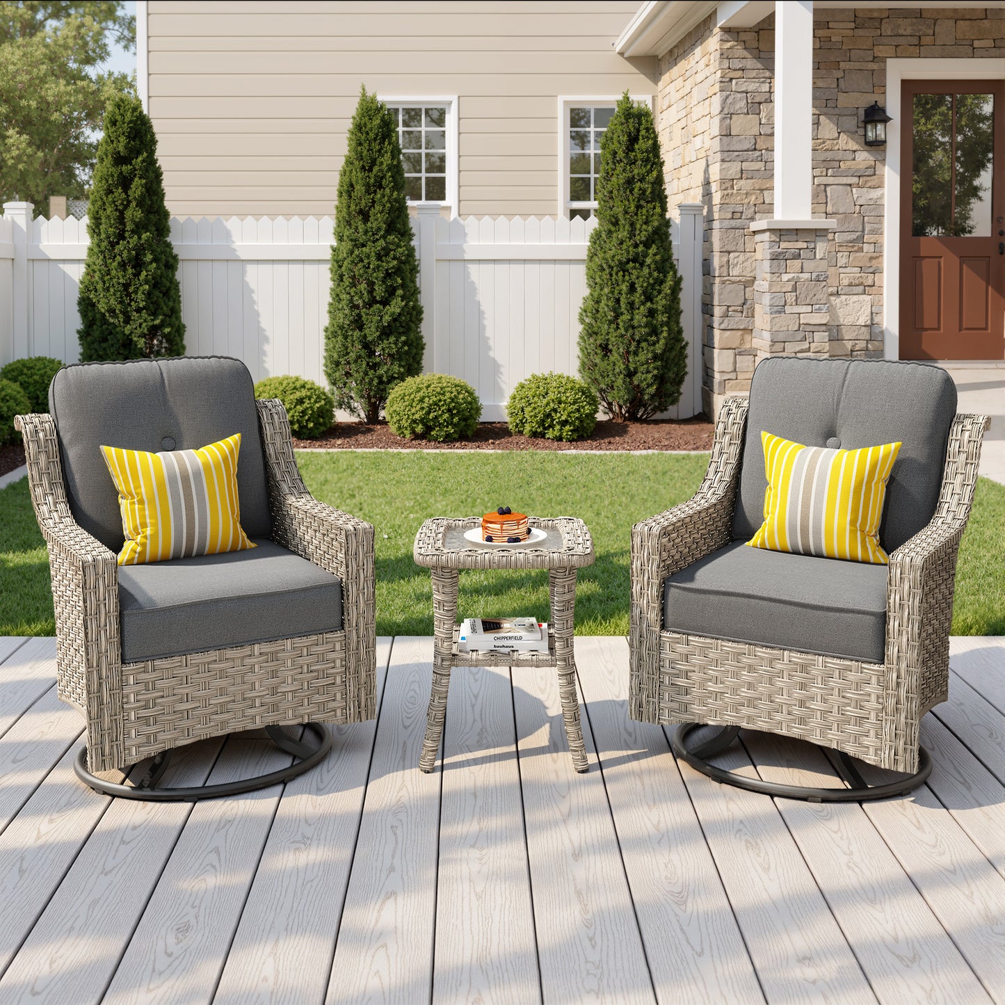 Vcatnet 3 Pieces Outdoor Patio Furniture Wicker Outdoor Swivel Rocking Chairs Set of 2 with Side Table, Swivel Rocker Patio Chairs Set for Porch, Backyard