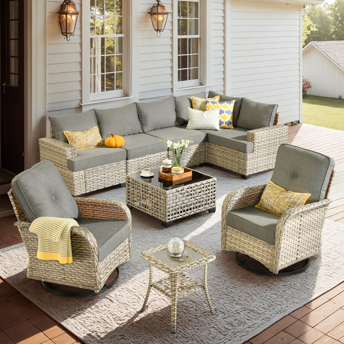 Vcatnet 7 Pieces Outdoor Patio Furniture Sectional Sofa Wicker Conversation Set with Ottomans