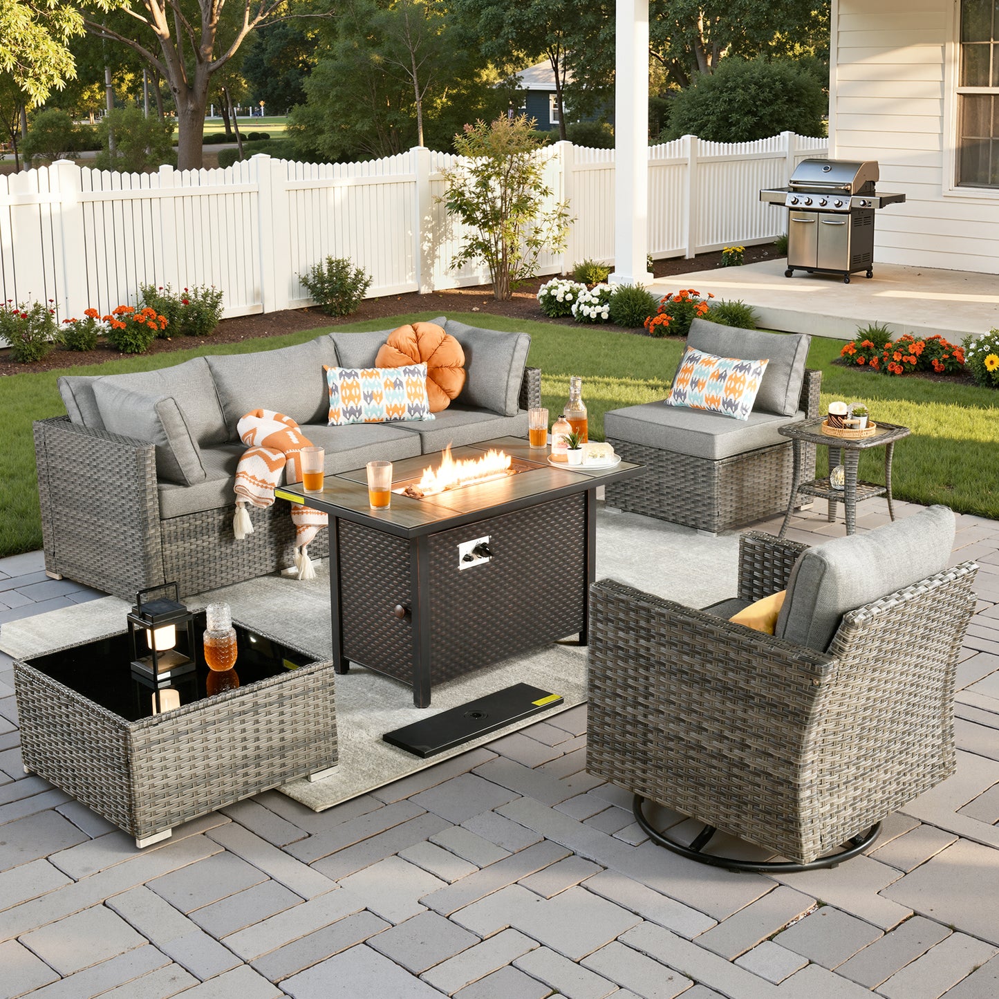 Vcatnet 6 Pieces Outdoor Patio Furniture with Fire Pit, Wicker Outdoor Conversation Set, Outdoor Sectional with Coffee Table