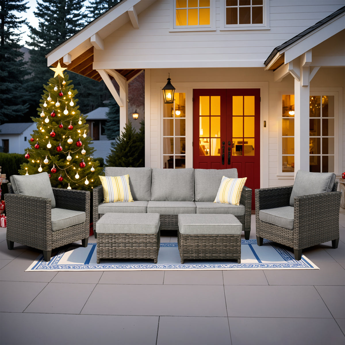 Vcatnet Outdoor Patio Furniture 5 Pieces Wicker Rattan Outdoor Sectional Conversation Set with Ottomans