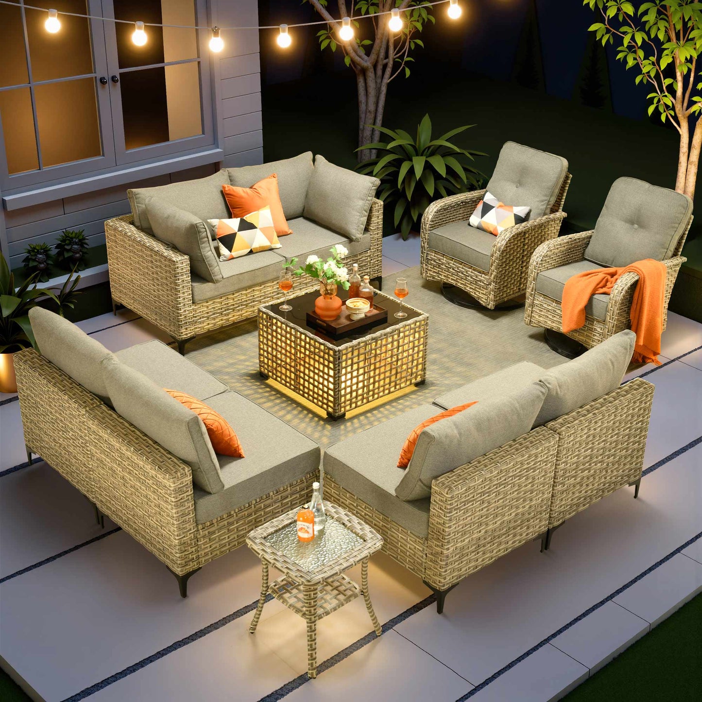 Vcatnet Outdoor Patio Furniture Sets 8 Pieces Sectional Sofa Wicker Conversation Set with Swivel Glider Chairs and Solar Powered Coffee Table for Porch,Backyard
