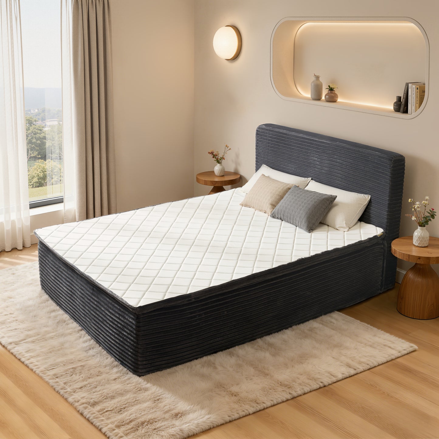 Vcatnet Twin Mattress with Headboard, 16.7 inch Hybrid Memory Foam Mattress in a Box, Corduroy Floor Bed, No Assembly Required, Beige