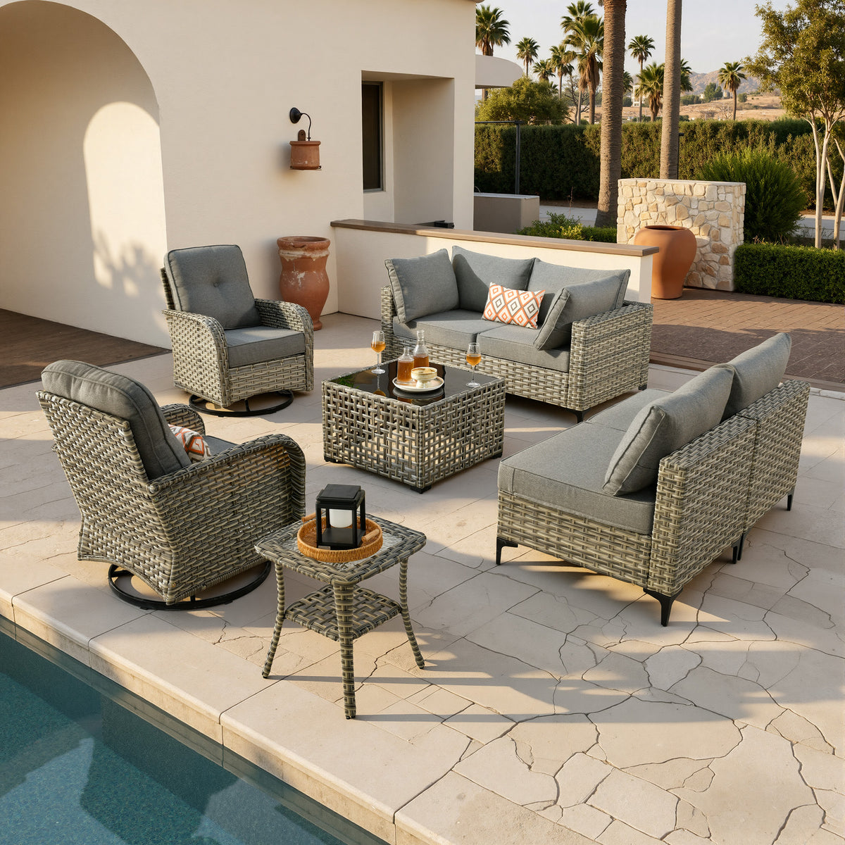 Vcatnet Outdoor Patio Furniture Sets 8 Pieces Sectional Sofa Wicker Conversation Set with Swivel Glider Chairs and Solar Powered Coffee Table for Porch,Backyard