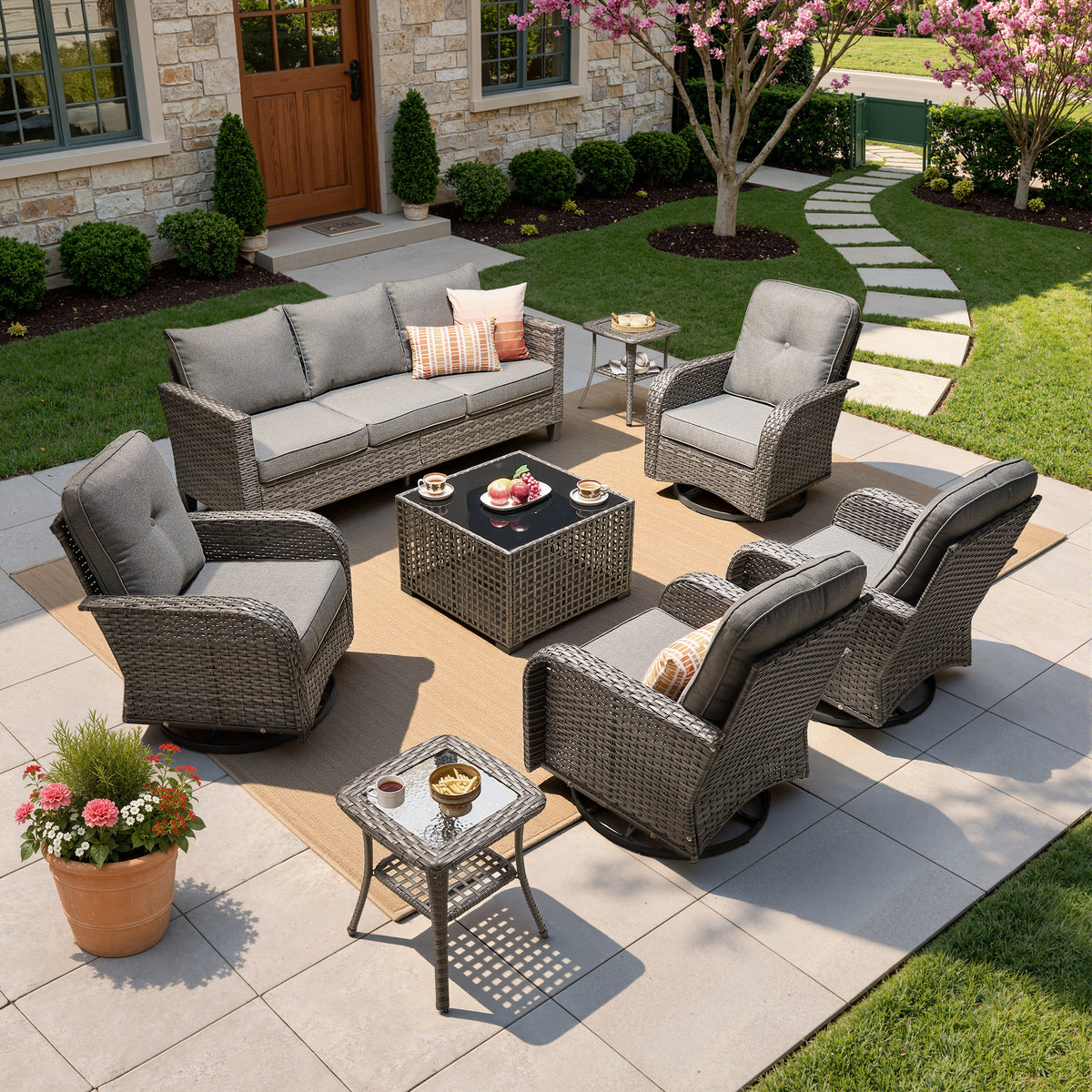 Vcatnet Outdoor Patio Furniture Set 8 Pieces Wicker Sectional Sofa All-Weather Rattan Conversation Set with Swivel Chairs and Coffee Table