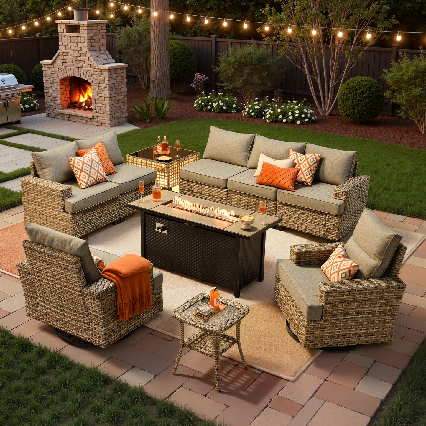 Vcatnet 9 Pieces Outdoor Patio Furniture with 54" Fire Pit Wicker Sectional Sofa All-Weather Outdoor Conversation Set with Swivel Glider Chairs and Ottoman