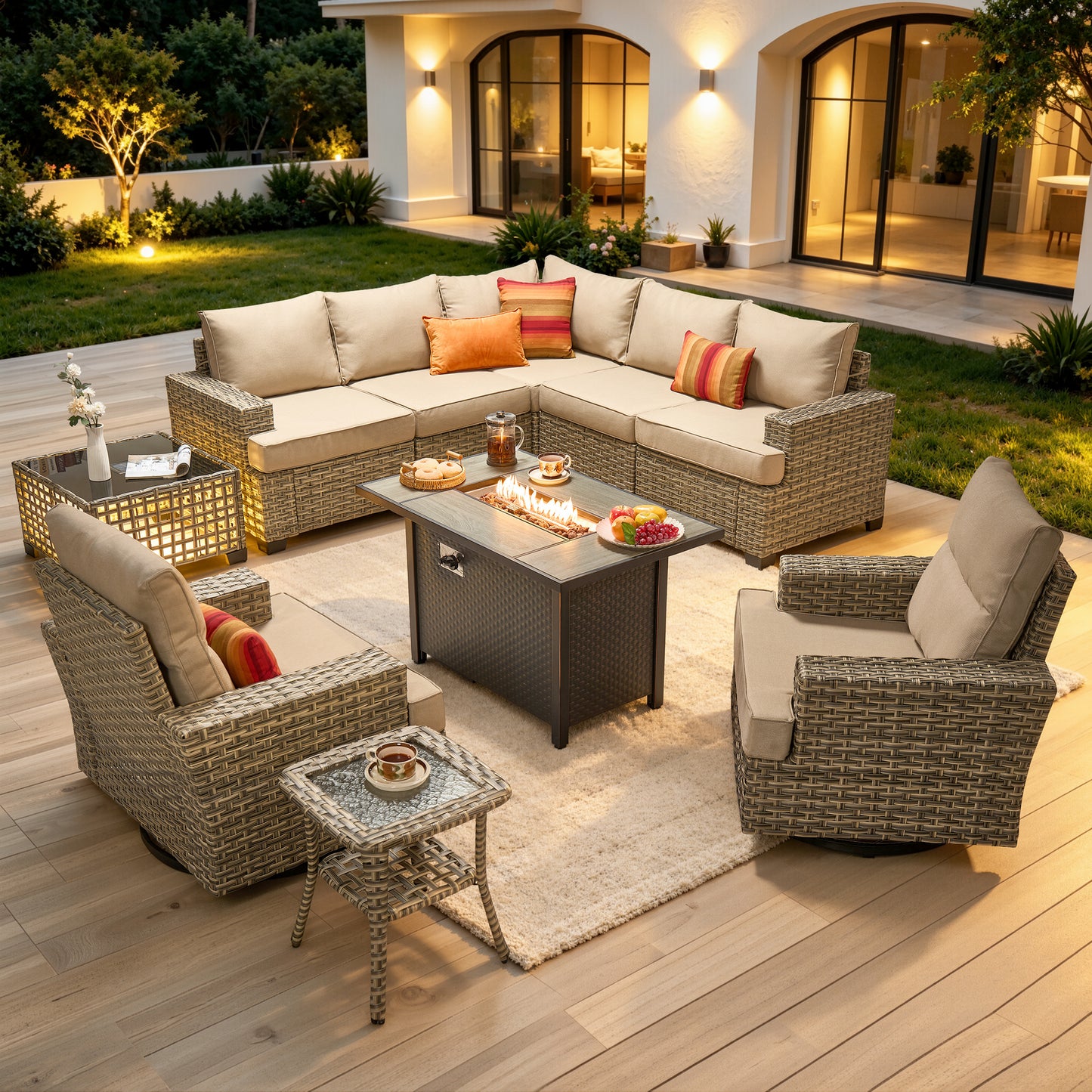 Vcatnet 9 Pieces Outdoor Patio Furniture with 54" Fire Pit Wicker Sectional Sofa All-Weather Outdoor Conversation Set with Swivel Glider Chairs and Ottoman