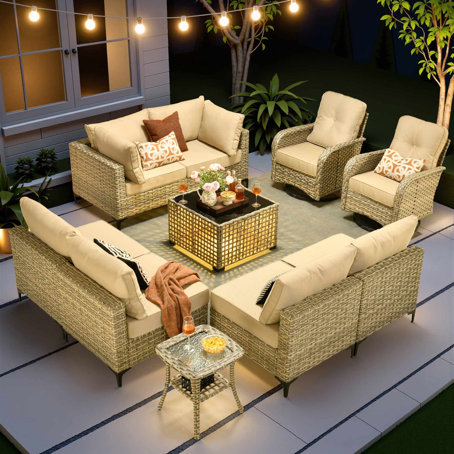 Vcatnet Outdoor Patio Furniture Sets 8 Pieces Sectional Sofa Wicker Conversation Set with Swivel Glider Chairs and Solar Powered Coffee Table for Porch,Backyard