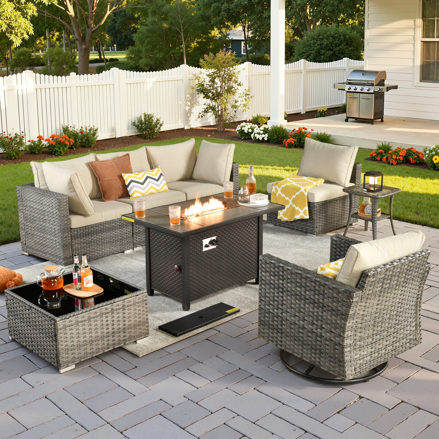 Vcatnet 6 Pieces Outdoor Patio Furniture with Fire Pit, Wicker Outdoor Conversation Set, Outdoor Sectional with Coffee Table