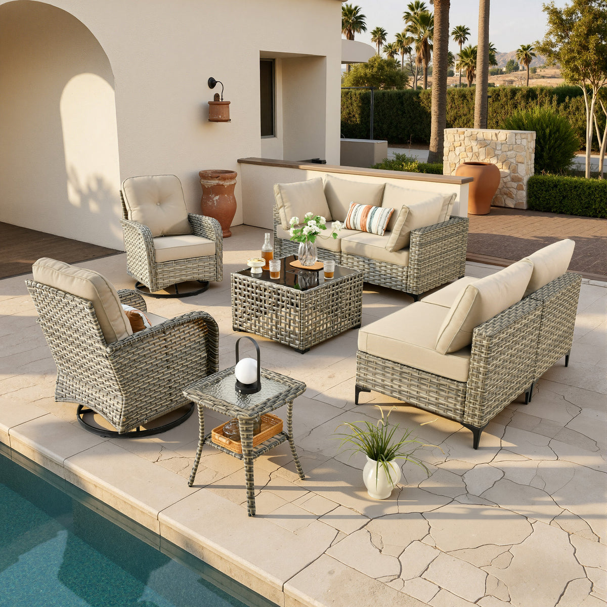 Vcatnet Outdoor Patio Furniture Sets 8 Pieces Sectional Sofa Wicker Conversation Set with Swivel Glider Chairs and Solar Powered Coffee Table for Porch,Backyard