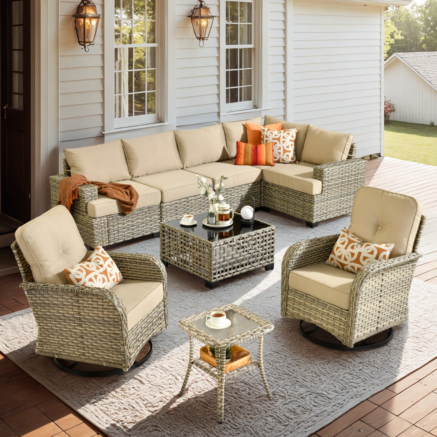 Vcatnet 7 Pieces Outdoor Patio Furniture Sectional Sofa Wicker Conversation Set with Ottomans