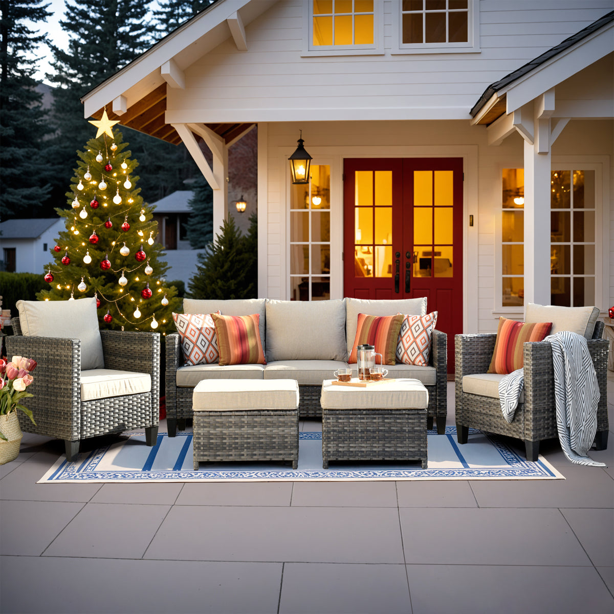 Vcatnet Outdoor Patio Furniture 5 Pieces Wicker Rattan Outdoor Sectional Conversation Set with Ottomans