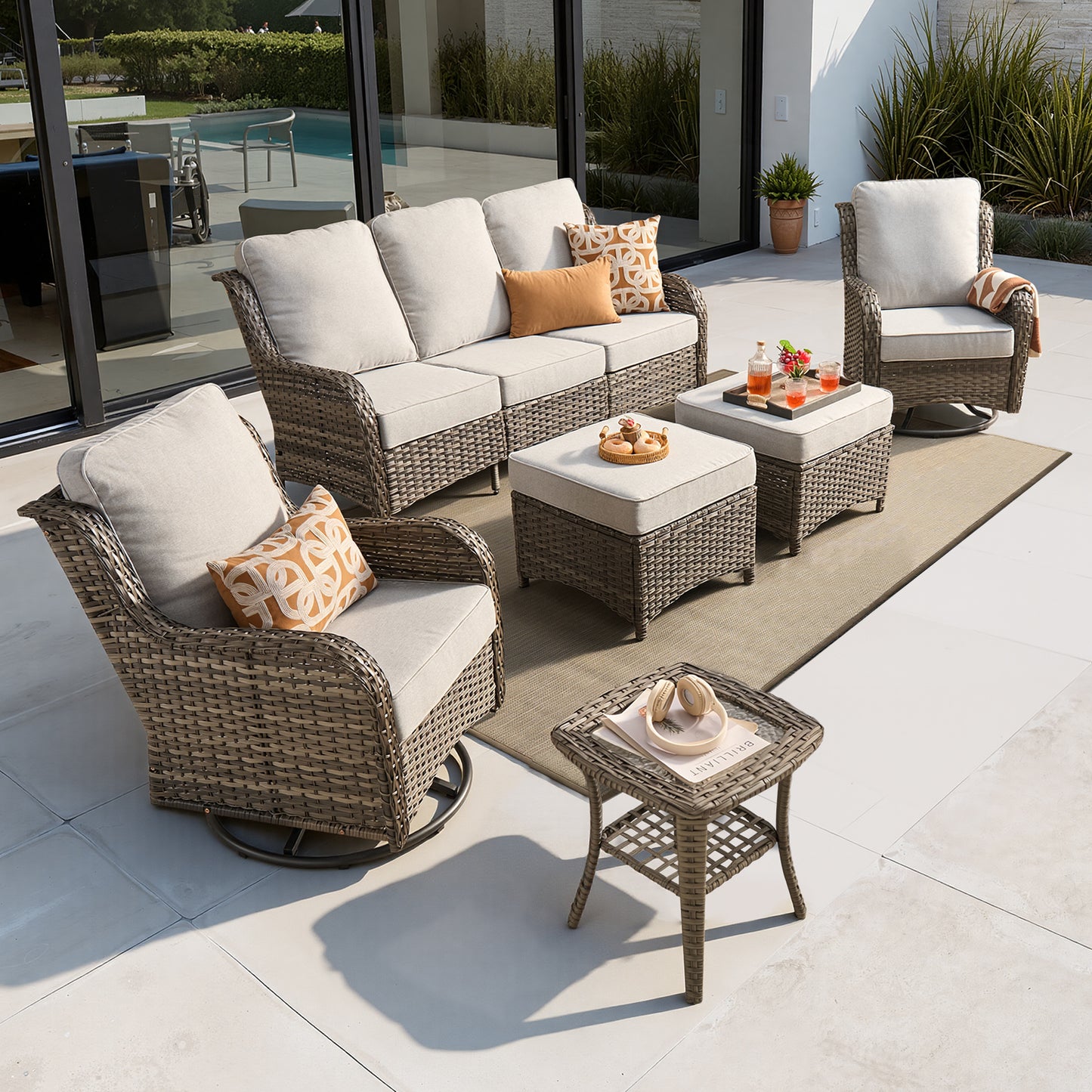 Vcatnet 6 Pieces Outdoor Patio Furniture Wicker High-Back Conversation Set with Swivel Rocking Chairs and Ottoman