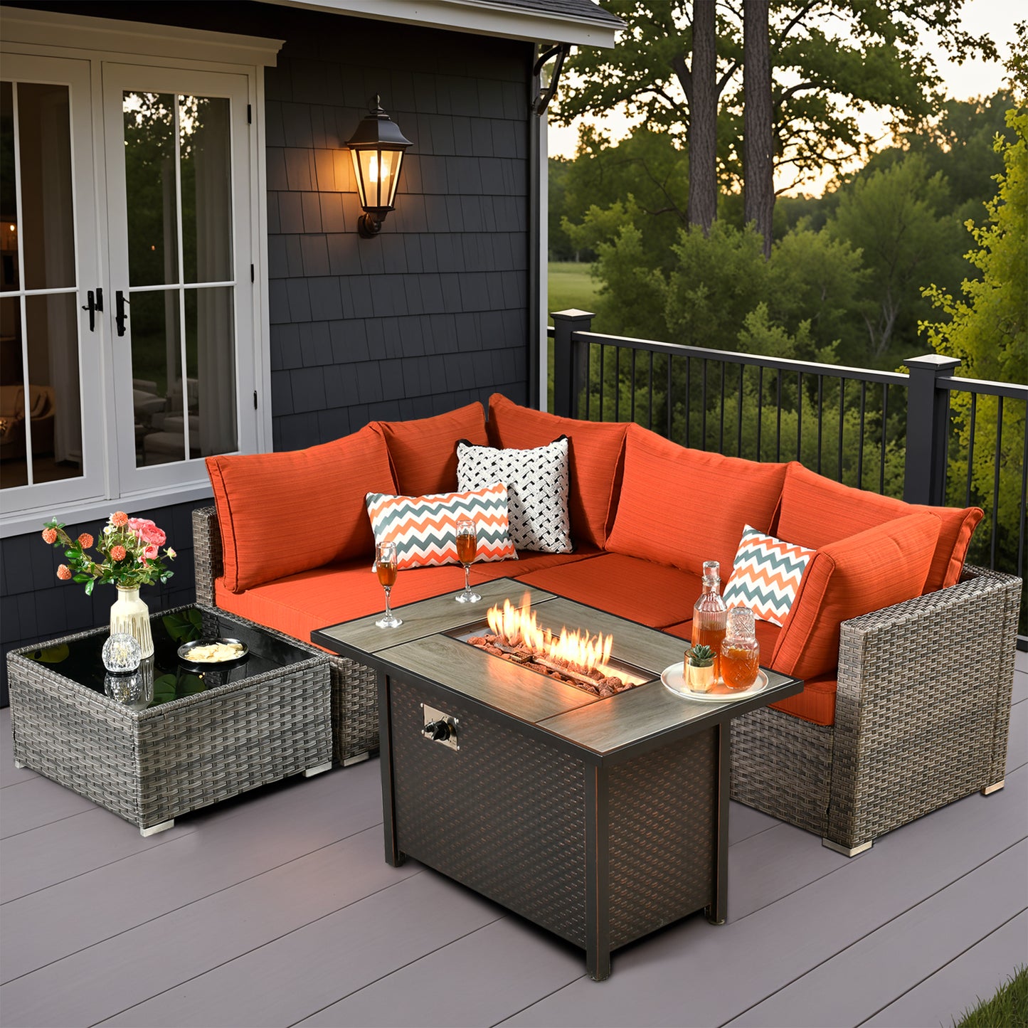 Vcatnet 6 Pieces Outdoor Patio Furniture with Fire Pit, Wicker Outdoor Conversation Set, Outdoor Sectional with Coffee Table