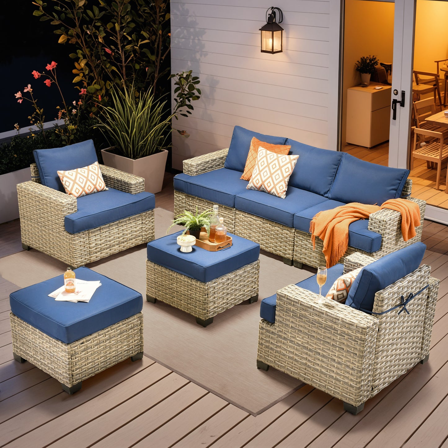 Vcatnet 7 Pieces Outdoor Patio Furniture Sectional Sofa Wicker Conversation Set with Ottomans