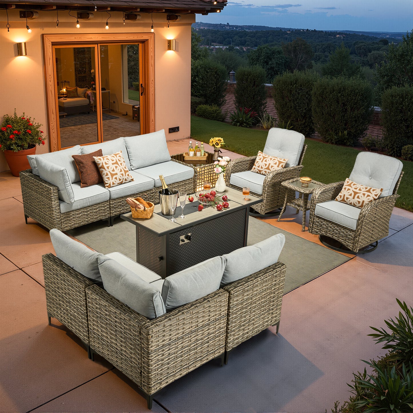 Vcatnet Outdoor Patio Furniture Sets 8 Pieces Sectional Sofa Wicker Conversation Set with Swivel Glider Chairs and Solar Powered Coffee Table for Porch,Backyard