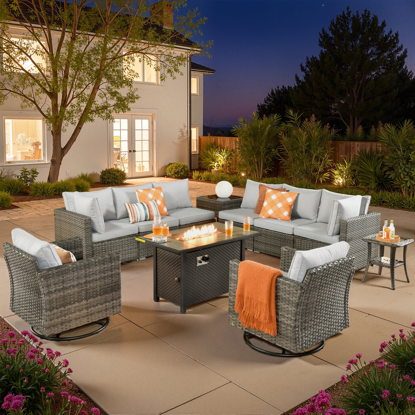 Vcatnet 6 Pieces Outdoor Patio Furniture with Fire Pit, Wicker Outdoor Conversation Set, Outdoor Sectional with Coffee Table