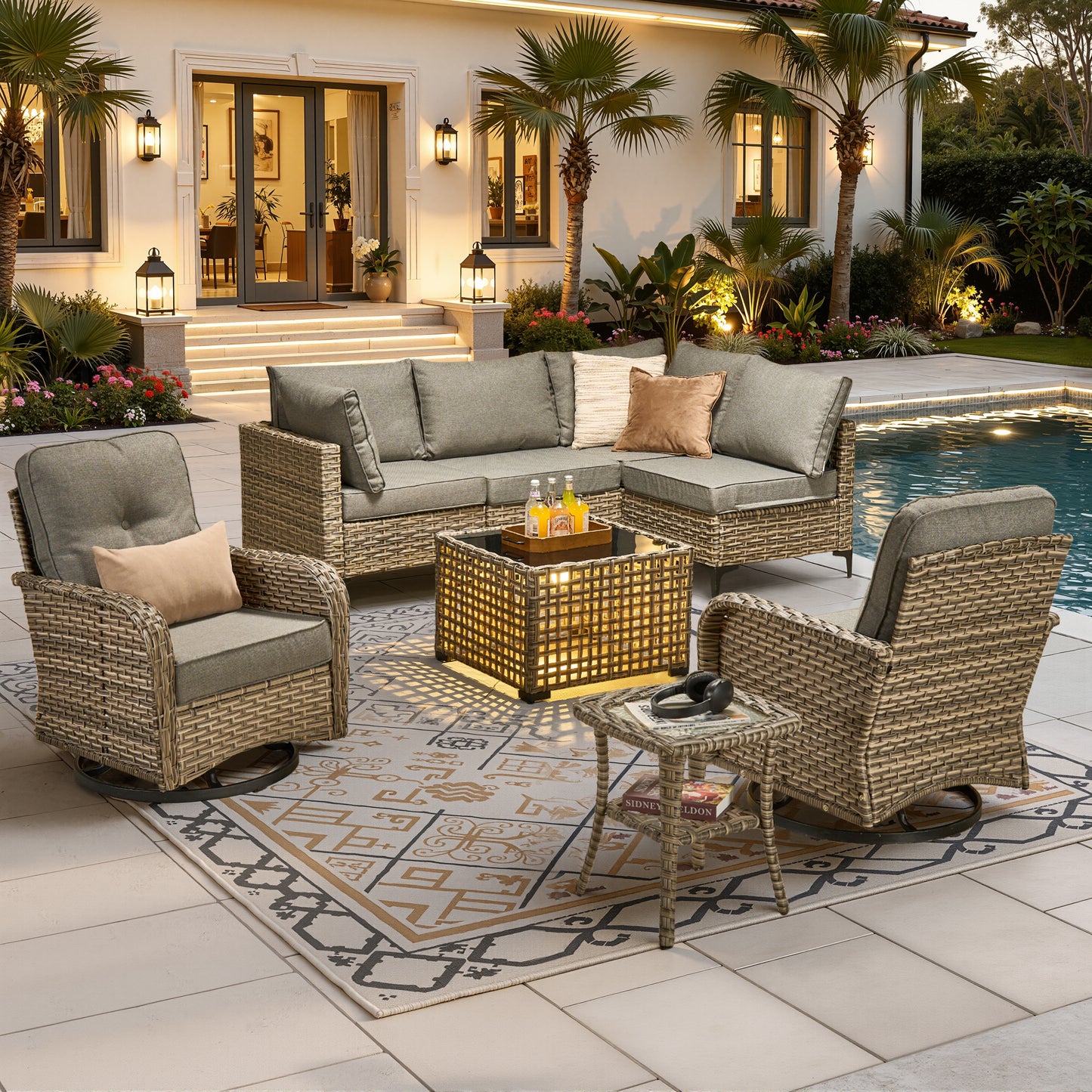 Vcatnet Outdoor Patio Furniture Sets 8 Pieces Sectional Sofa Wicker Conversation Set with Swivel Glider Chairs and Solar Powered Coffee Table for Porch,Backyard