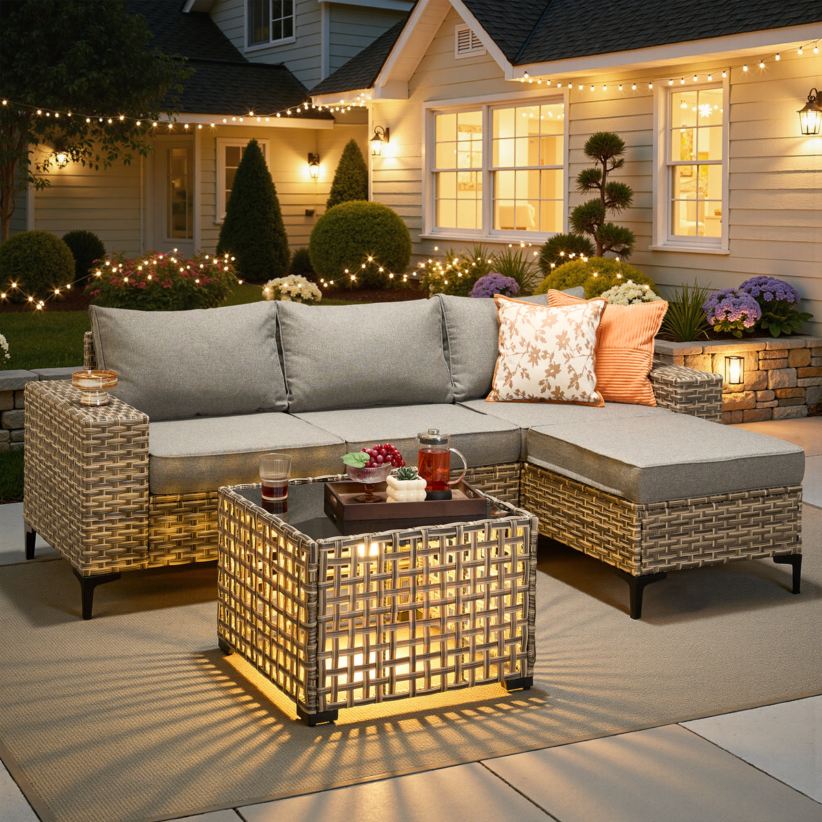 Vcatnet Outdoor Patio Furniture 5 Pieces Wicker Conversation Set Sectional Sofa with Coffee Table and Ottoman