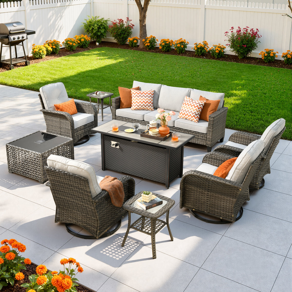Vcatnet Outdoor Patio Furniture Set 8 Pieces Wicker Sectional Sofa All-Weather Rattan Conversation Set with Swivel Chairs and Coffee Table
