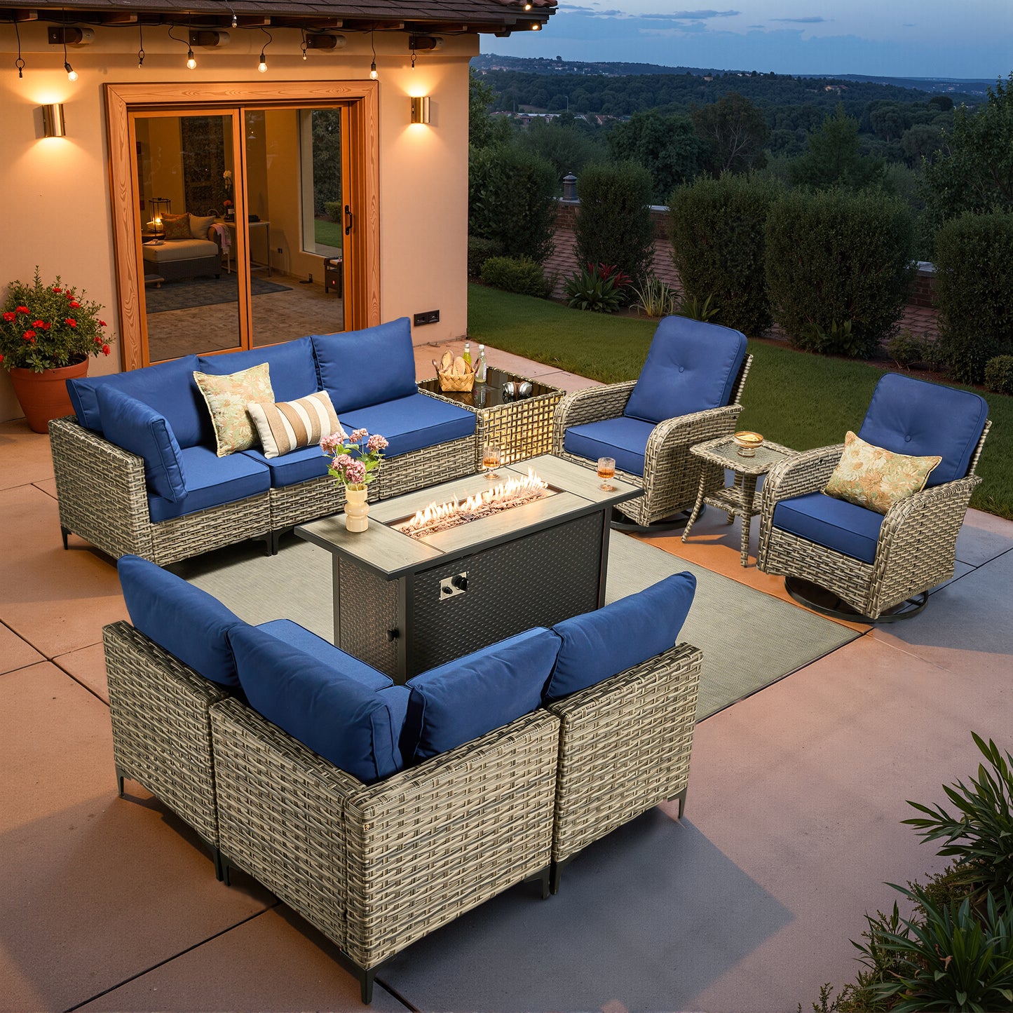 Vcatnet Outdoor Patio Furniture Sets 8 Pieces Sectional Sofa Wicker Conversation Set with Swivel Glider Chairs and Solar Powered Coffee Table for Porch,Backyard