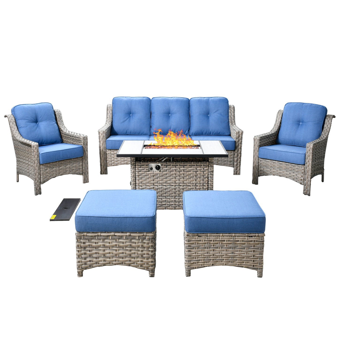 Vcatnet 6 Pieces Conversation Set Outdoor Patio PE Wicker High-Back Furniture with Fire Pit Table ,Diamond Blue