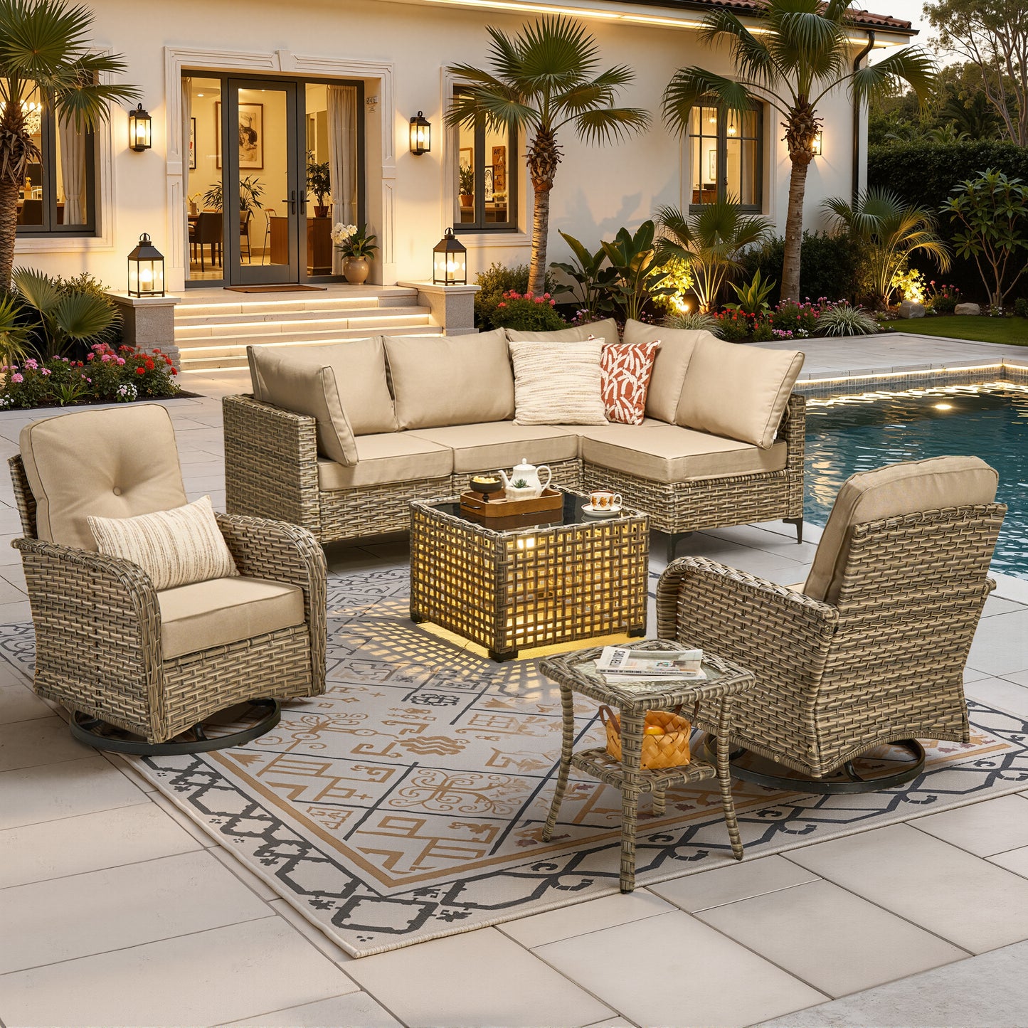 Vcatnet Outdoor Patio Furniture Sets 8 Pieces Sectional Sofa Wicker Conversation Set with Swivel Glider Chairs and Solar Powered Coffee Table for Porch,Backyard