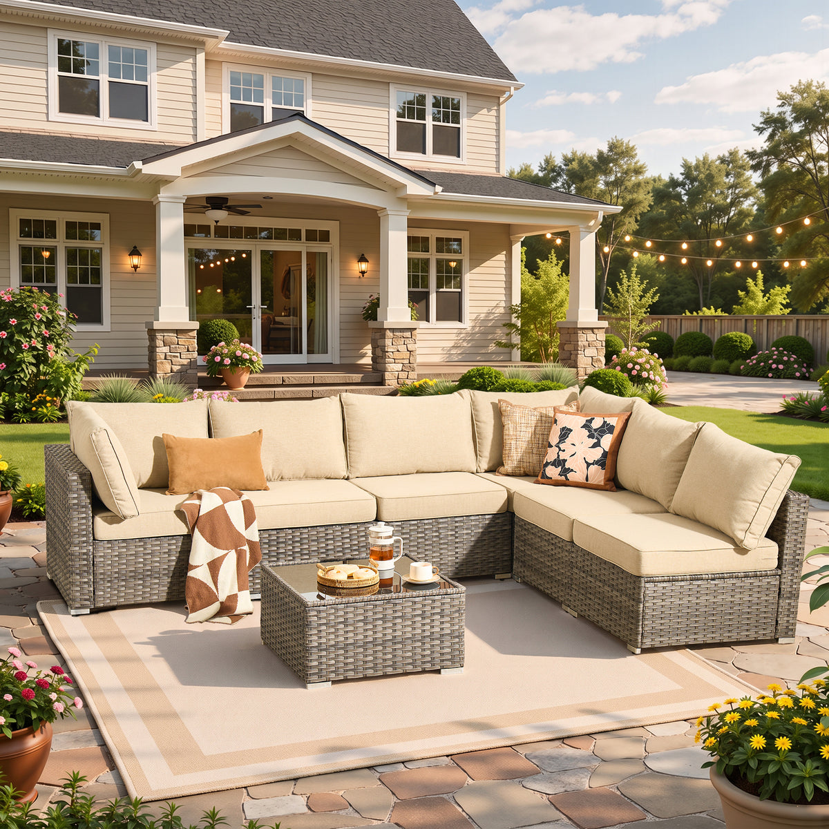 Vcatnet 7 Pieces Patio Furniture Outdoor Wicker Sectional Sofa Conversation Set for Outside with Coffee Table