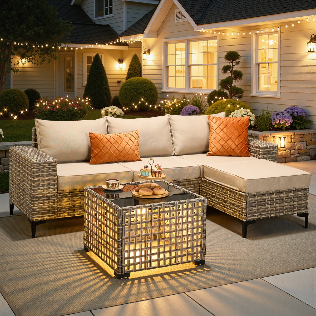 Vcatnet Outdoor Patio Furniture 5 Pieces Wicker Conversation Set Sectional Sofa with Coffee Table and Ottoman