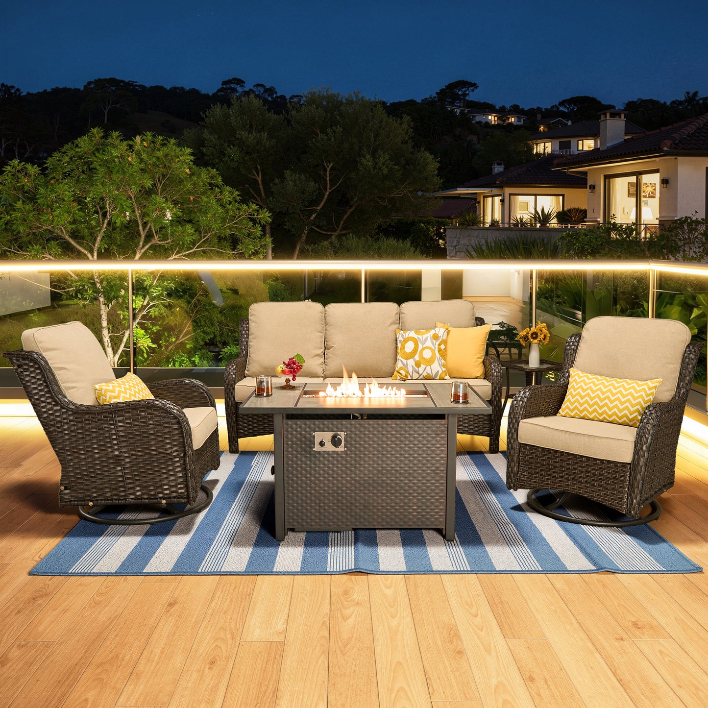 Vcatnet 6 Pieces Outdoor Patio Furniture Wicker High-Back Conversation Set with Swivel Rocking Chairs and Ottoman