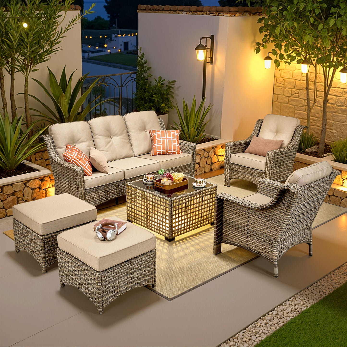 Vcatnet 4 Pieces Patio Outdoor Conversation Set High Back Wicker Rattan Furniture Outdoor Sectionals with Coffee Table