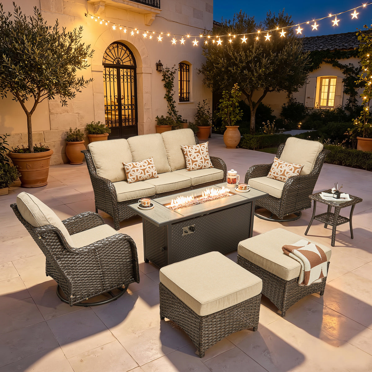 Vcatnet 6 Pieces Outdoor Patio Furniture Wicker High-Back Conversation Set with Swivel Rocking Chairs and Ottoman