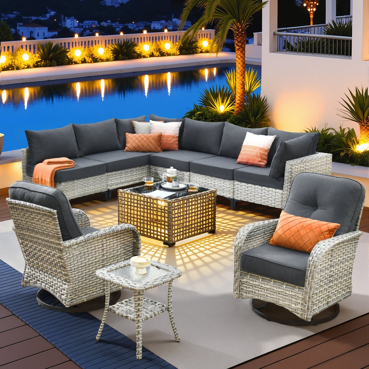 Vcatnet Outdoor Patio Furniture Sets 8 Pieces Sectional Sofa Wicker Conversation Set with Swivel Glider Chairs and Solar Powered Coffee Table for Porch,Backyard