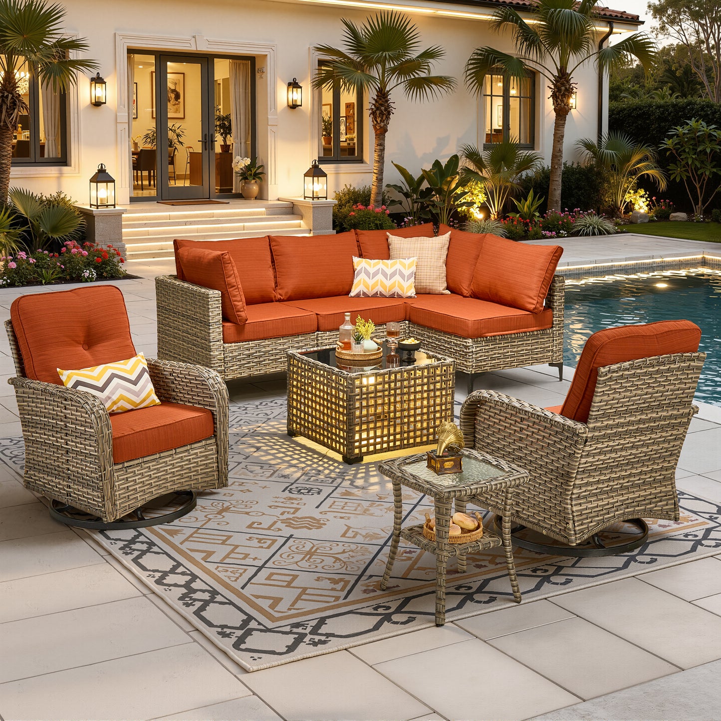 Vcatnet Outdoor Patio Furniture Sets 8 Pieces Sectional Sofa Wicker Conversation Set with Swivel Glider Chairs and Solar Powered Coffee Table for Porch,Backyard