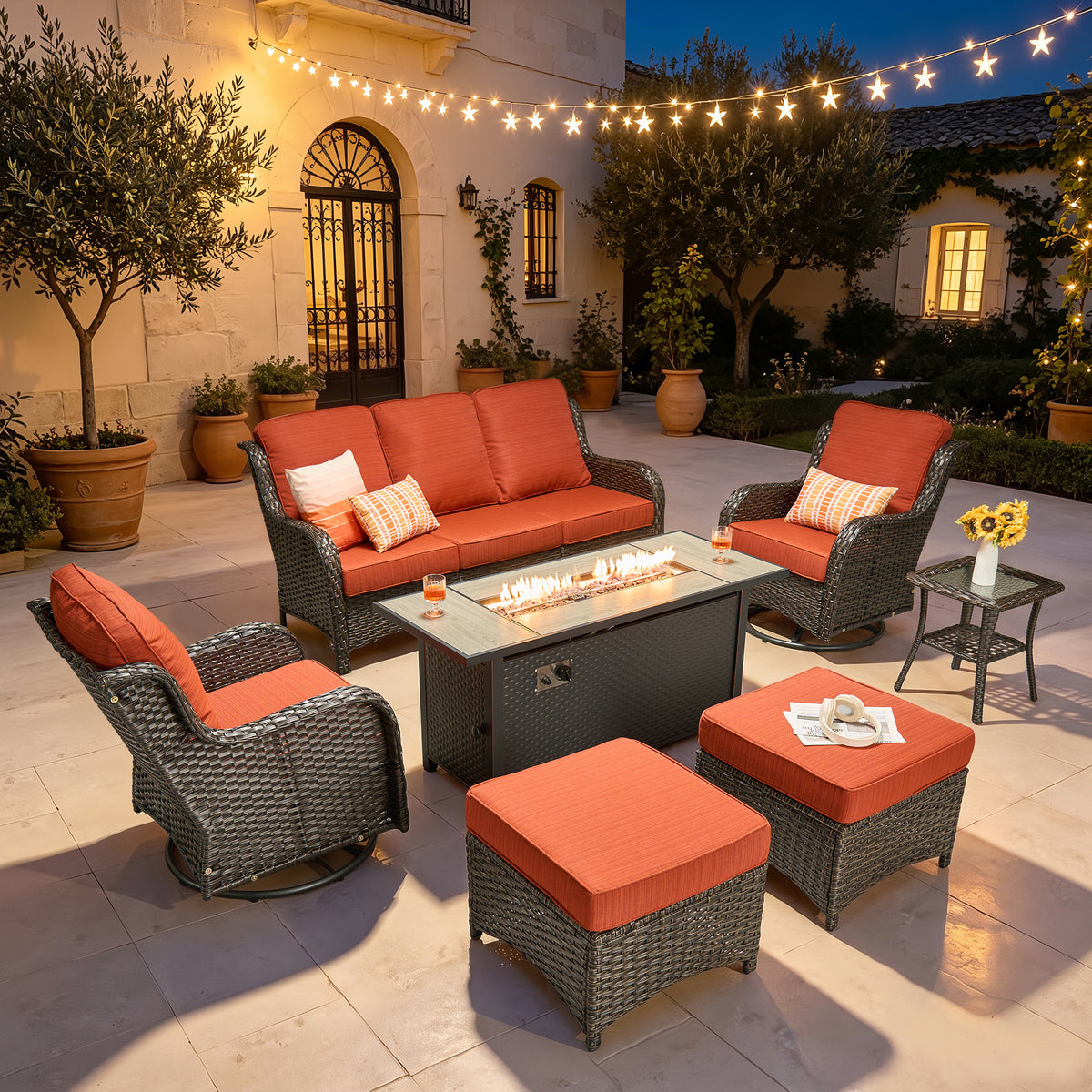 Vcatnet 6 Pieces Outdoor Patio Furniture Wicker High-Back Conversation Set with Swivel Rocking Chairs and Ottoman