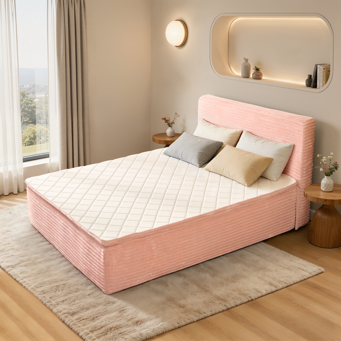 Vcatnet Twin Mattress with Headboard, 16.7 inch Hybrid Memory Foam Mattress in a Box, Corduroy Floor Bed, No Assembly Required, Beige