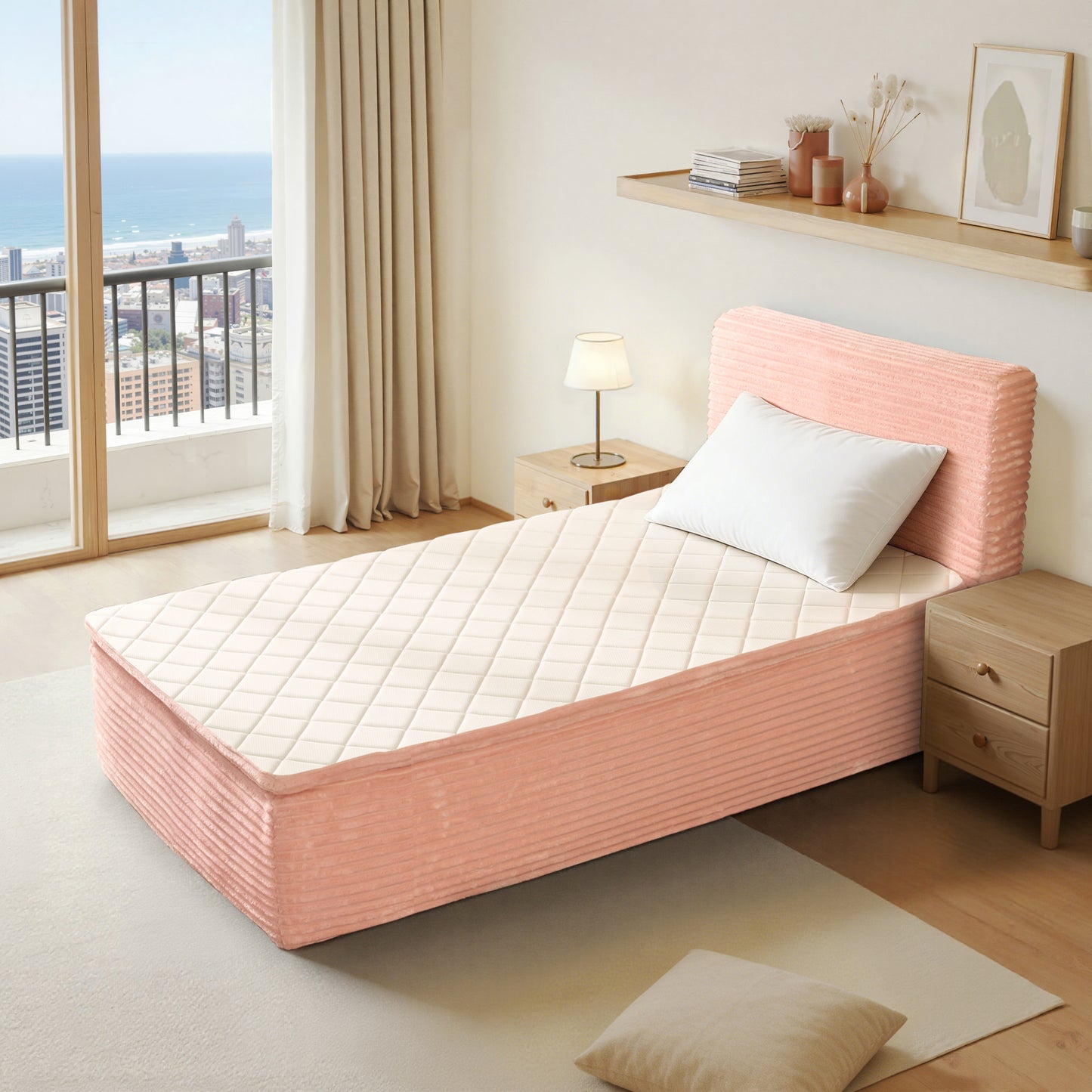 Vcatnet Twin Mattress with Headboard, 16.7 inch Hybrid Memory Foam Mattress in a Box, Corduroy Floor Bed, No Assembly Required, Beige