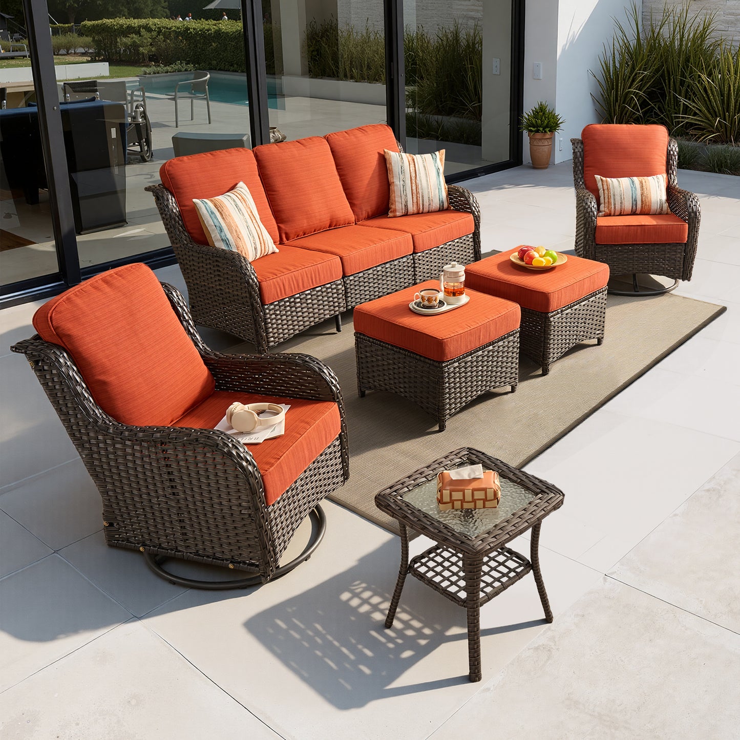 Vcatnet 6 Pieces Outdoor Patio Furniture Wicker High-Back Conversation Set with Swivel Rocking Chairs and Ottoman
